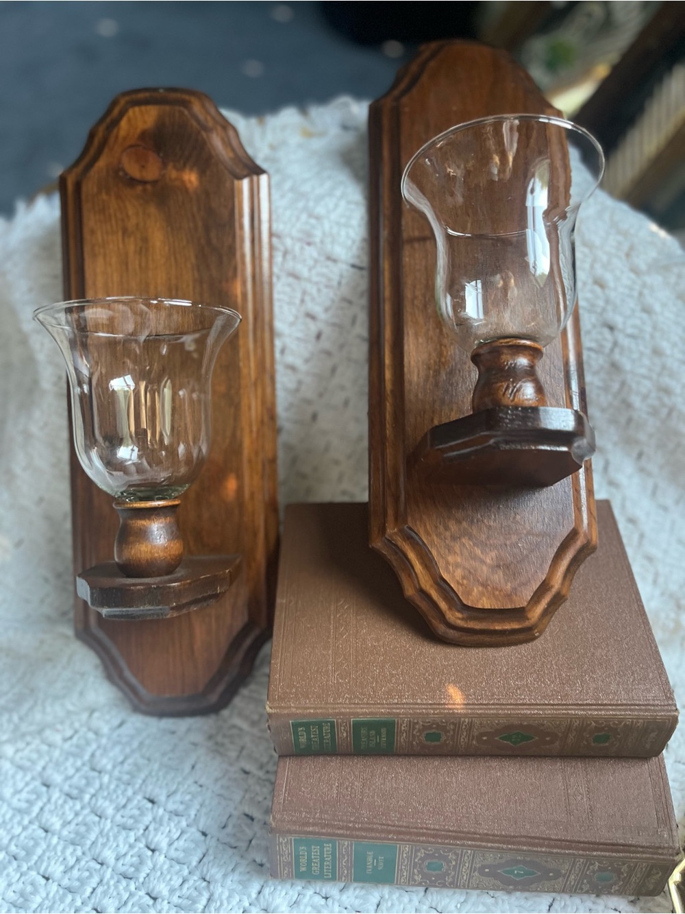 Wooden Wall Sconces with Clear Glass Shades - Brown